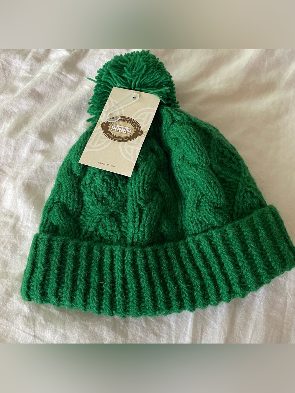 Aran Sweater Market Hat Aran Wool Fleece Lined Cap Pom Pom Green Winter NWT